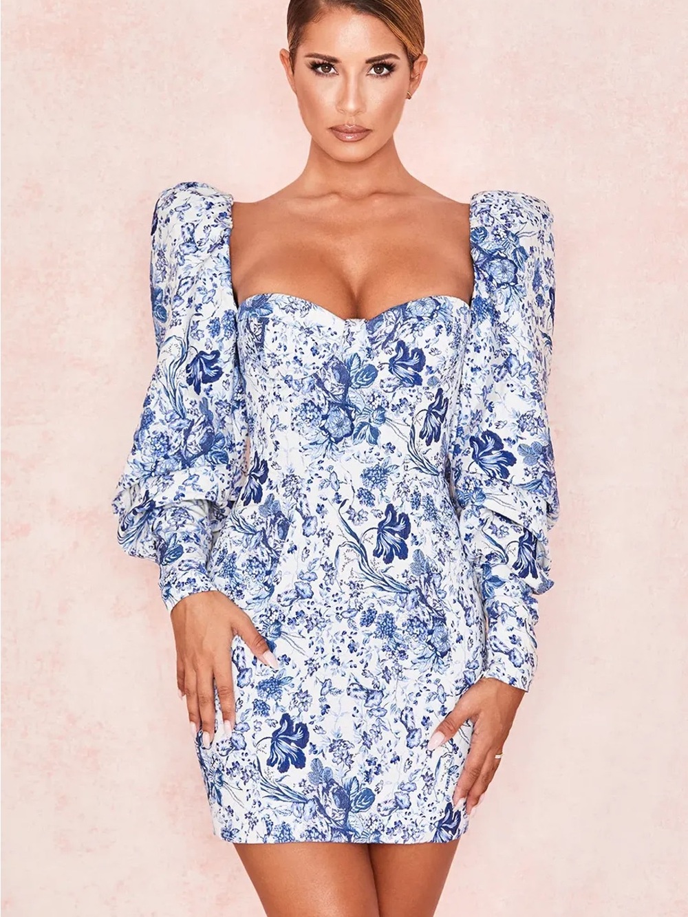 House of CB Lucrezia - Blue Floral Minidress, Long Sleeves XS